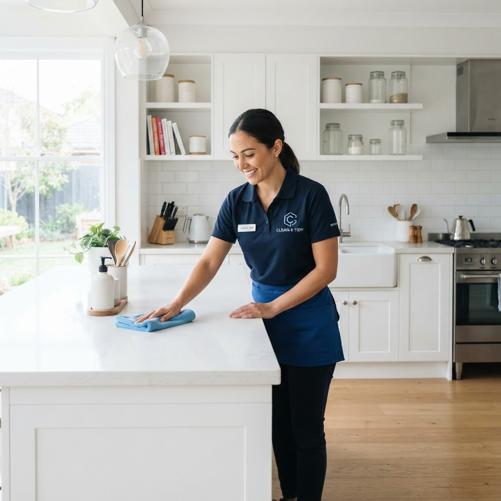 Profissional limpando uma cozinha residencial iluminada